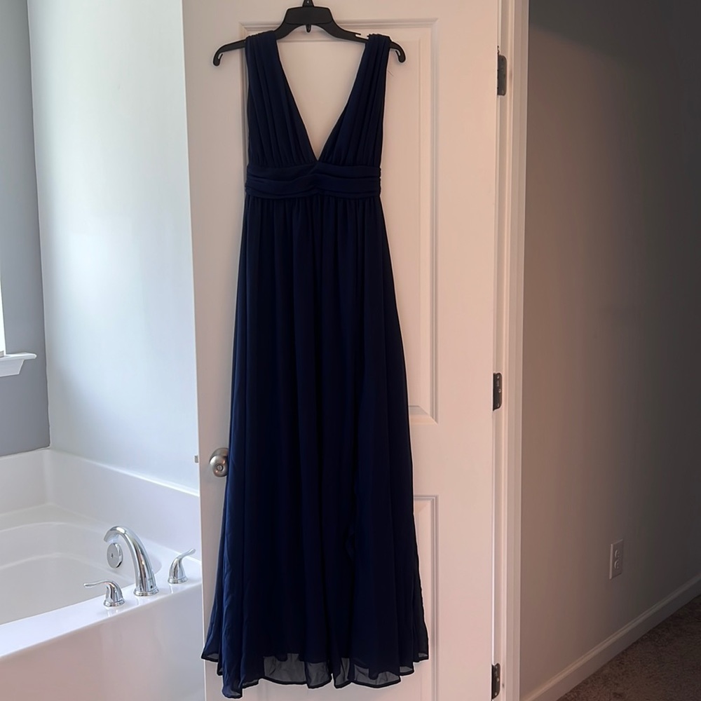 Small navy dress from Lulus, plunging neckline and a high slit